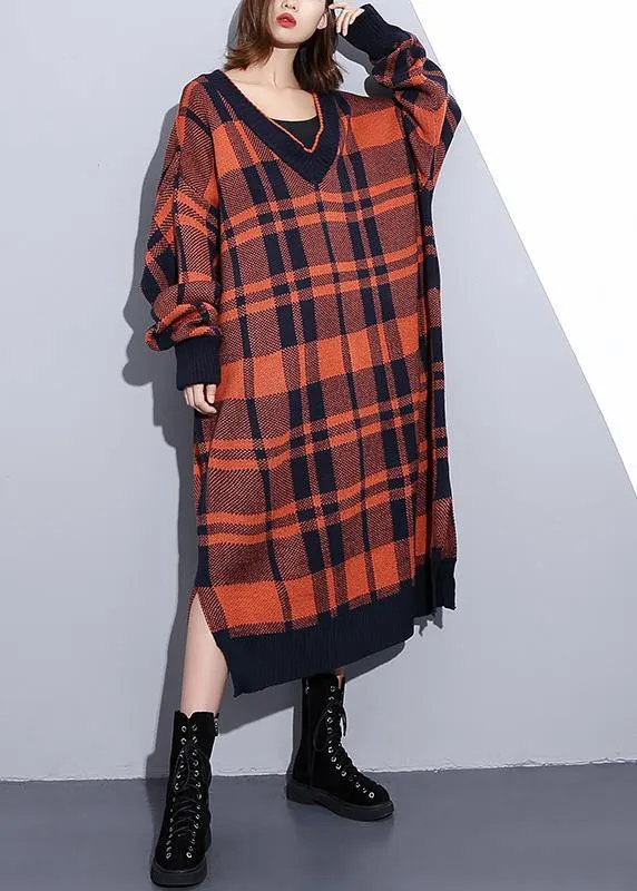 100% side open Cotton v neck dresses Shape red plaid Dresses