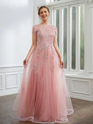 A-Line Princess Tulle Applique Short Sleeves Length Dresses