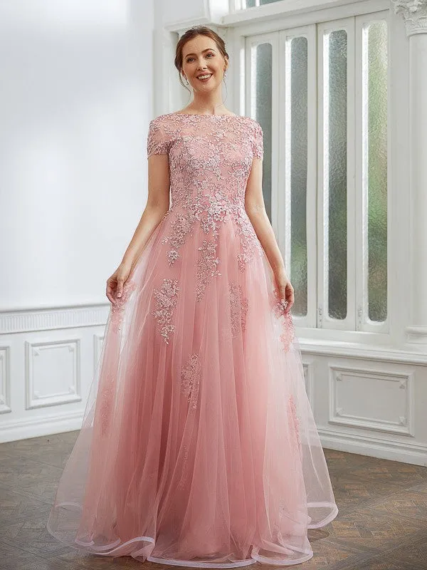 A-Line Princess Tulle Applique Short Sleeves Length Dresses