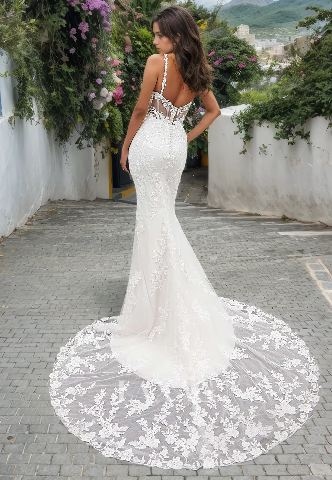 A-Linie Straps Open Back Lace Tulle Mermaid Wedding Dress with Train