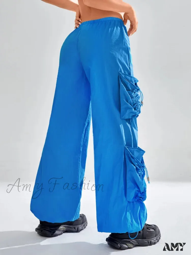 Amy Fashion - Drawstring Waist Flap Pocket Parachute Cargo Pants