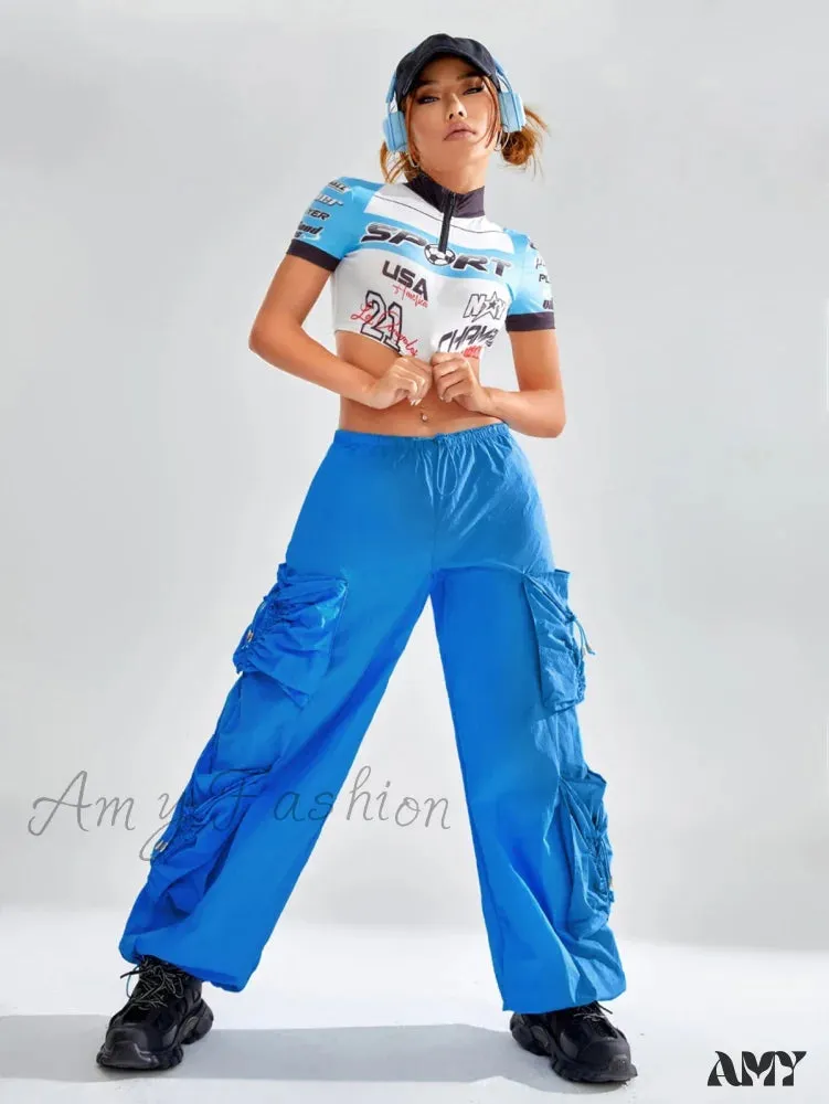 Amy Fashion - Drawstring Waist Flap Pocket Parachute Cargo Pants