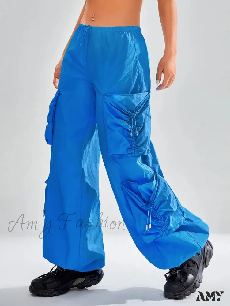 Amy Fashion - Drawstring Waist Flap Pocket Parachute Cargo Pants