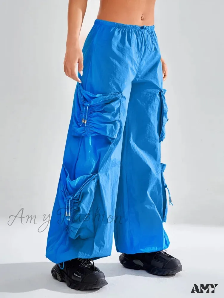 Amy Fashion - Drawstring Waist Flap Pocket Parachute Cargo Pants