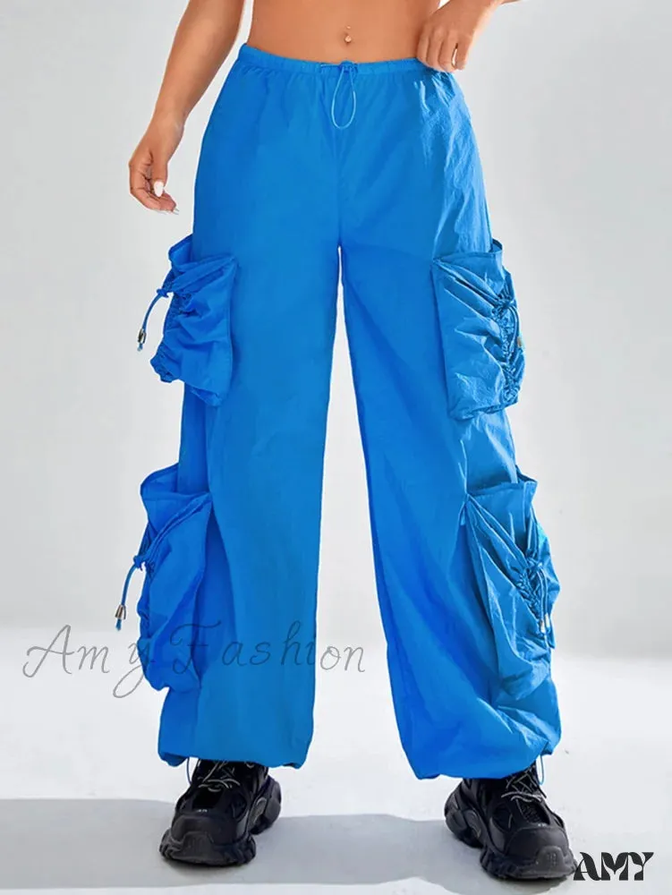 Amy Fashion - Drawstring Waist Flap Pocket Parachute Cargo Pants