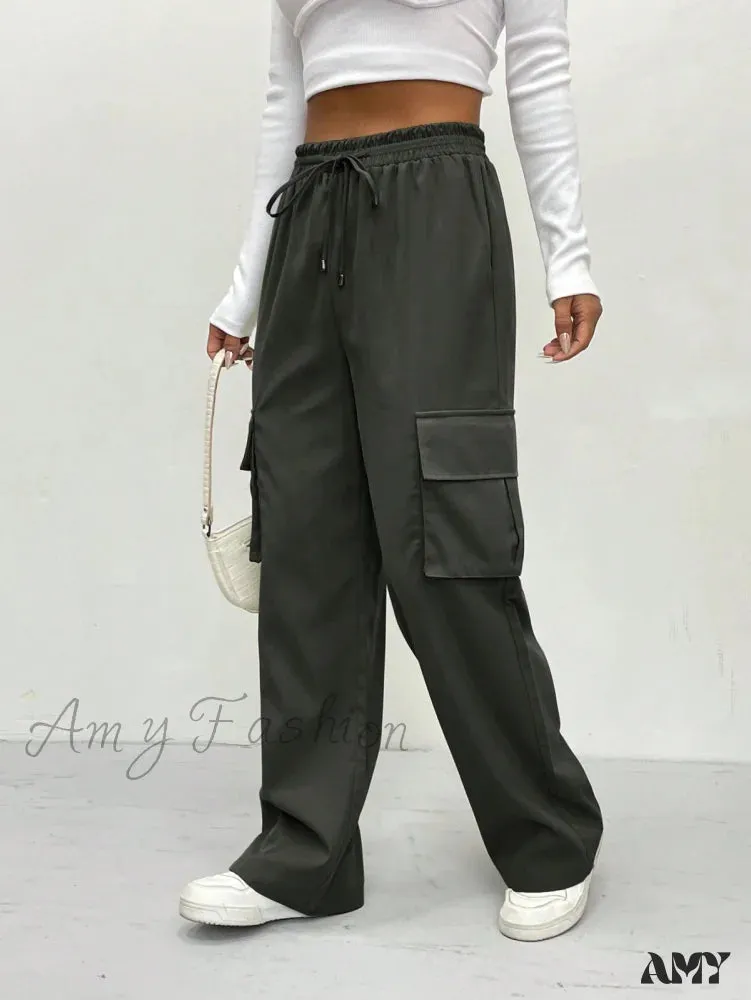 Amy Fashion - Flap Pocket Side Drawstring Waist Cargo Pants