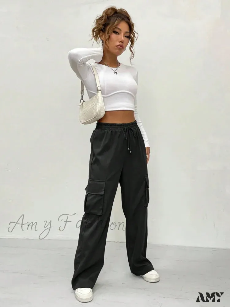 Amy Fashion - Flap Pocket Side Drawstring Waist Cargo Pants