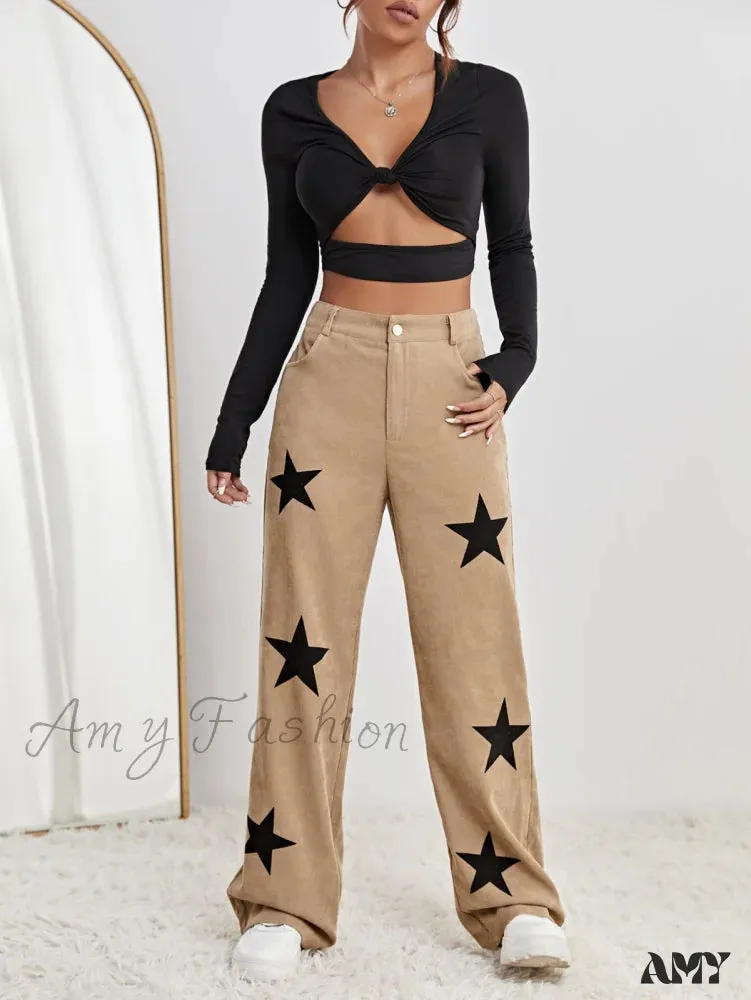 Amy Fashion - Star Print High Waist Straight Leg Pants