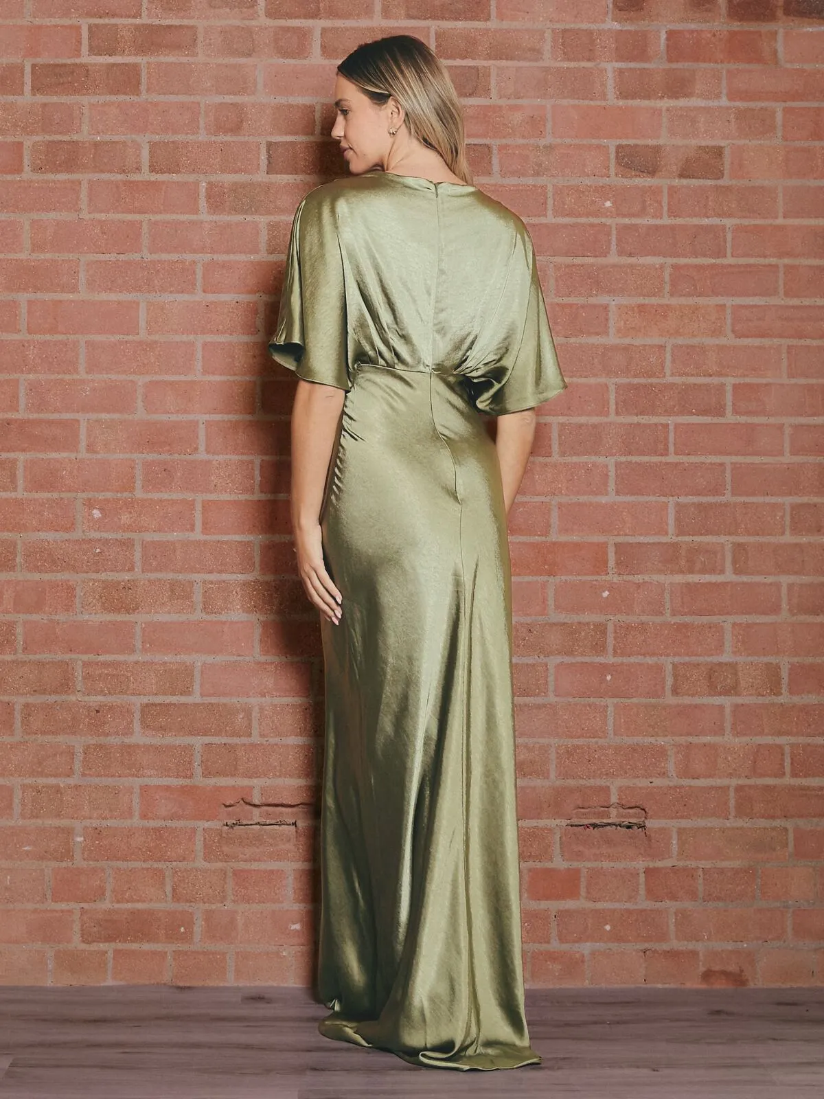 Angel Sleeve Maxi Satin Dress / Olive