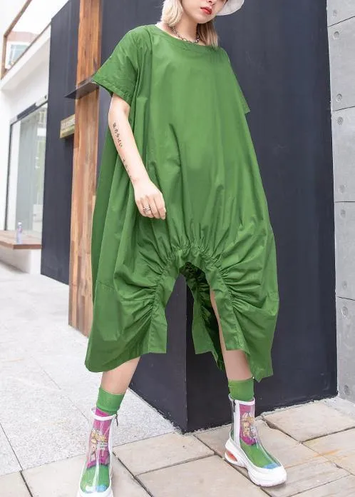 Beautiful green Cotton dresses o neck asymmetric Knee summer Dresses