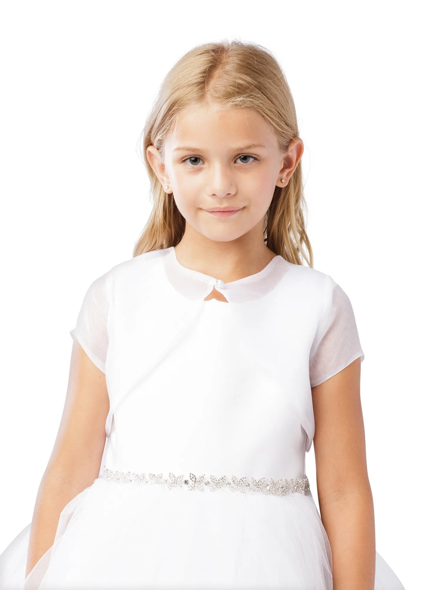 Big Girls Ivory Short Sleeved Button Closure Organza Bolero Jacket 8-14