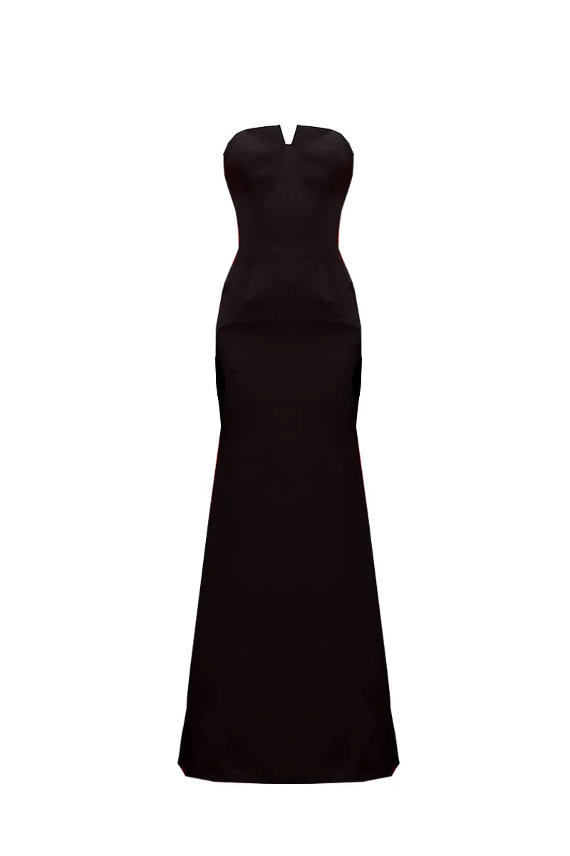 BLACK STRAPLESS CORSET DRESS WITH FLATTERING FRONT DETAIL