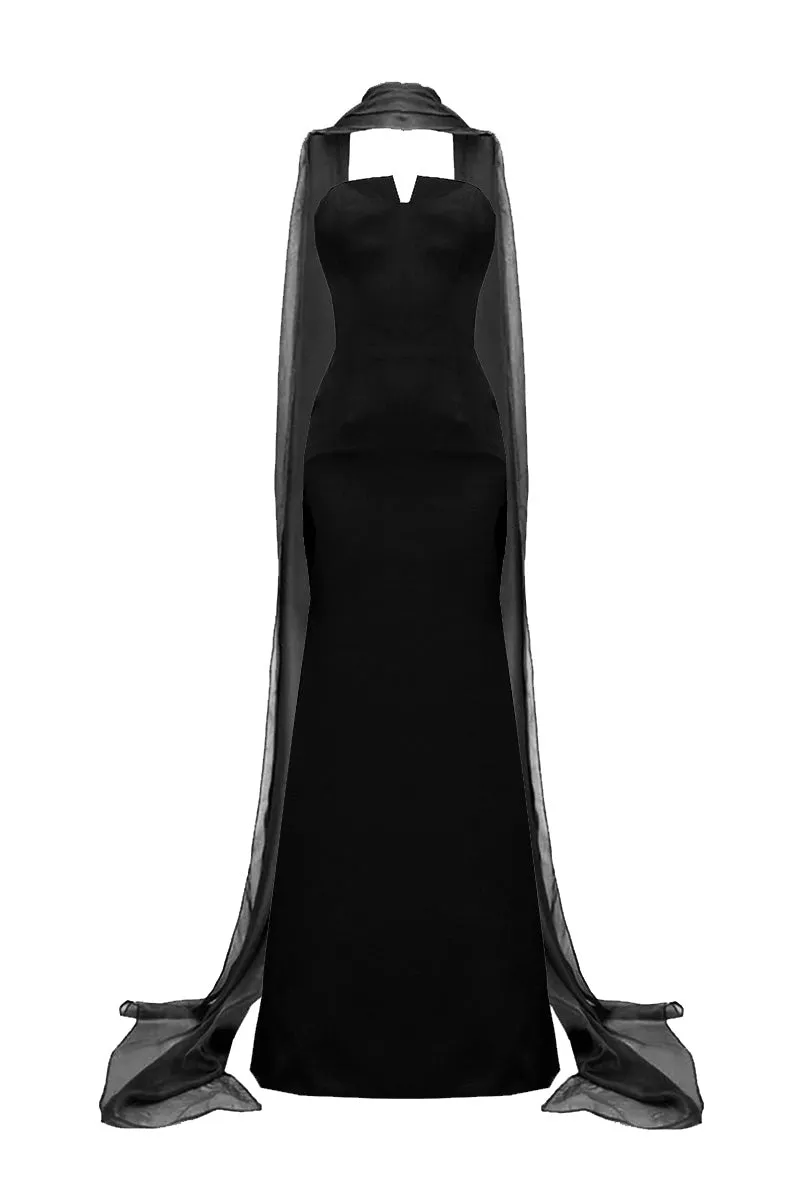 BLACK STRAPLESS CORSET DRESS WITH FLATTERING FRONT DETAIL