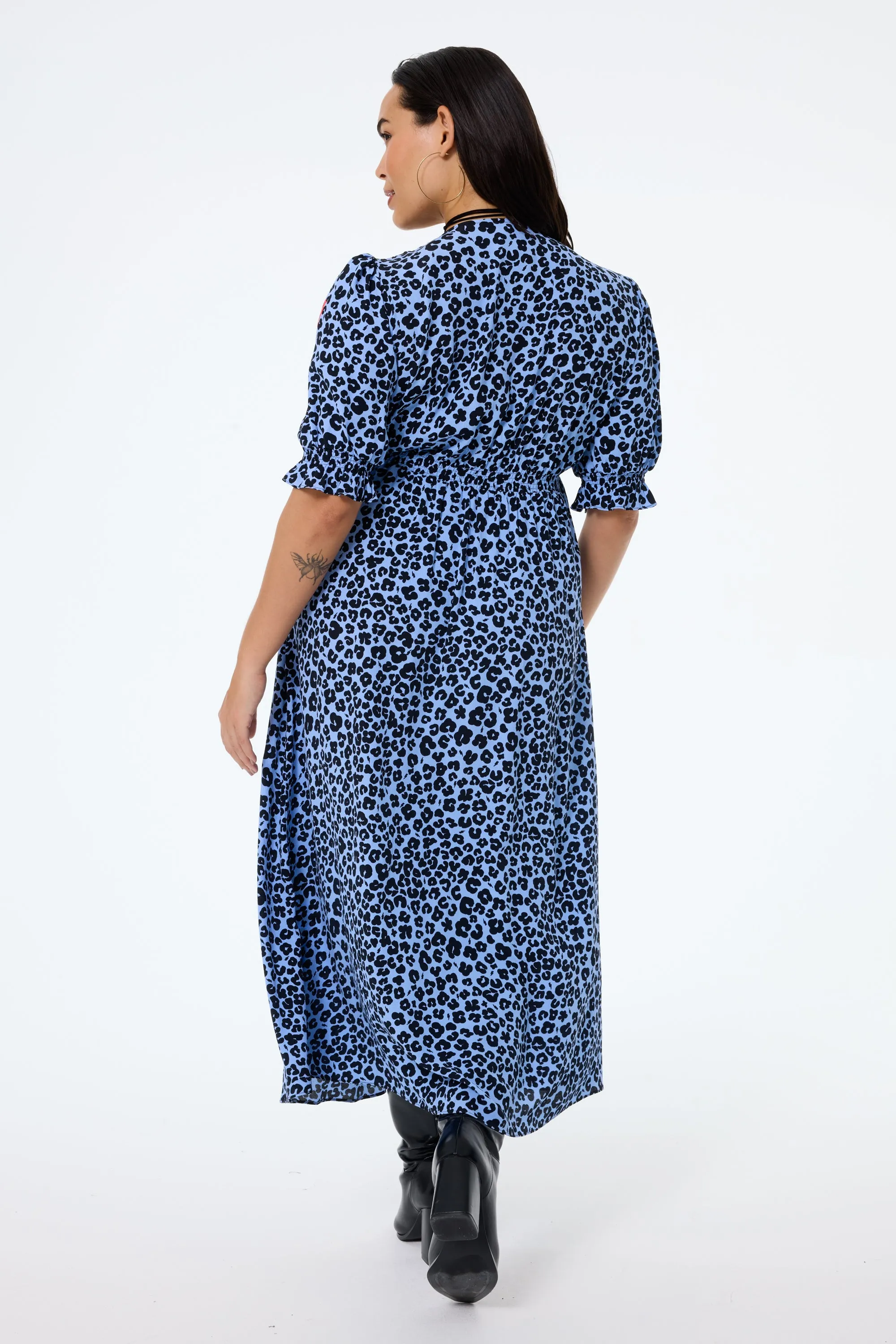 Blue with Black Floral Leopard Flute Sleeve Midi Tea Dress