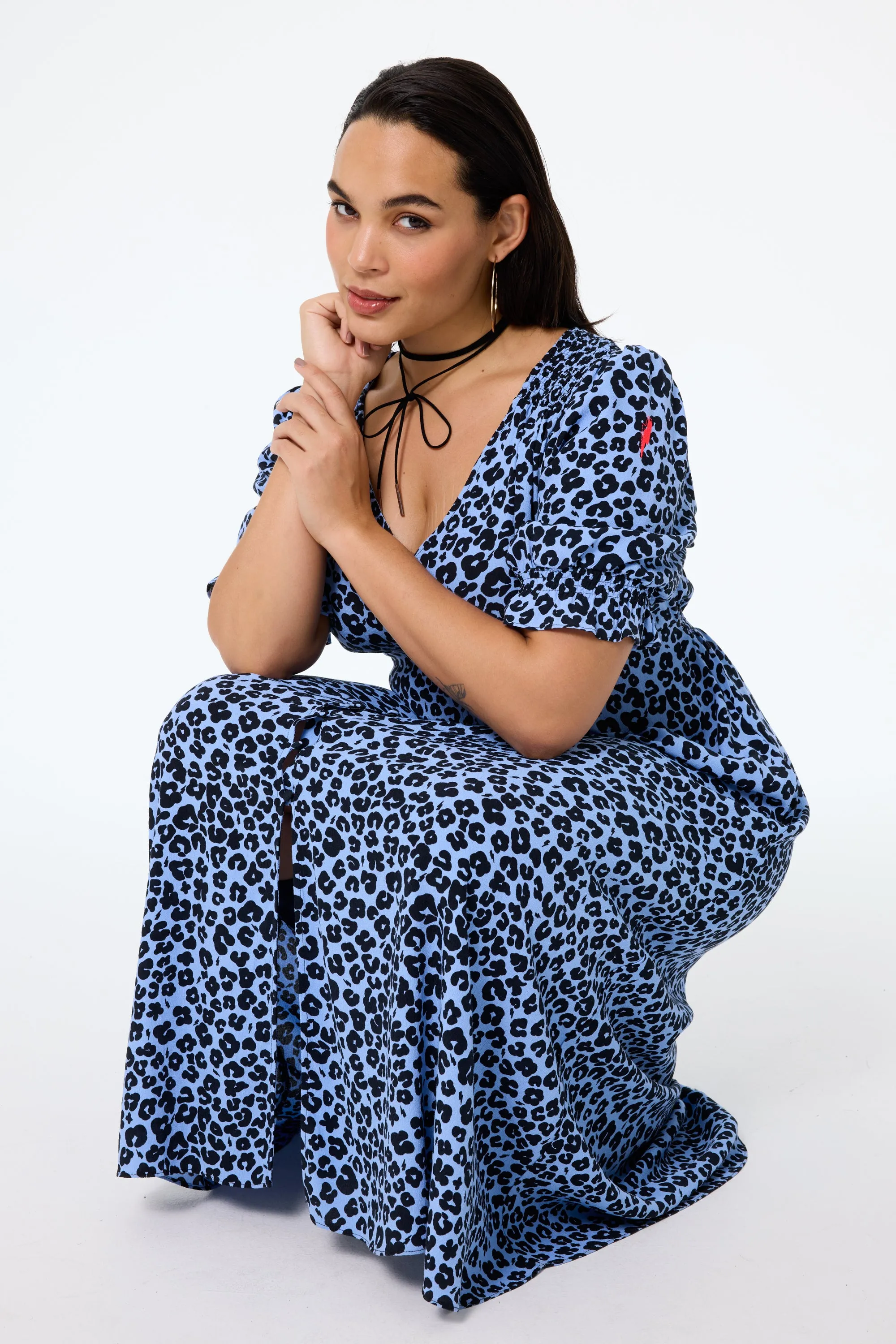 Blue with Black Floral Leopard Flute Sleeve Midi Tea Dress