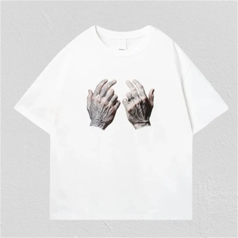 Bonsir Summer Men Trendy Tattood Hands Print Tees Harajuku Gothic Short Sleeve Loose T-shirt Y2K Man Casual Streetwear Cotton Tops