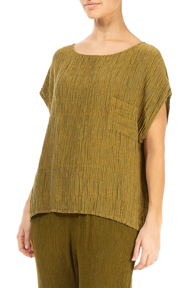 Boxy Olive Crinkled Silk Blouse