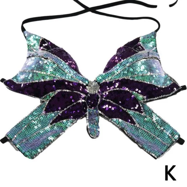 Butterfly Sequin Crop Top Women Summer Backless V Neck Top