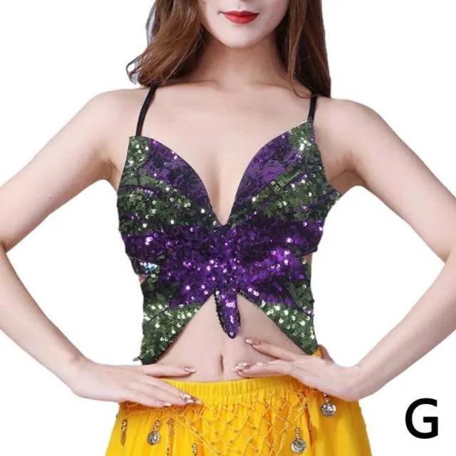 Butterfly Sequin Crop Top Women Summer Backless V Neck Top