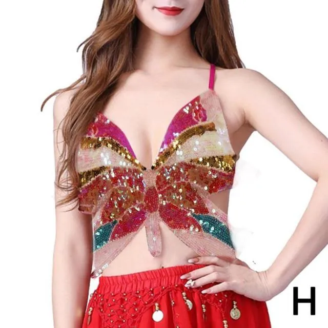 Butterfly Sequin Crop Top Women Summer Backless V Neck Top