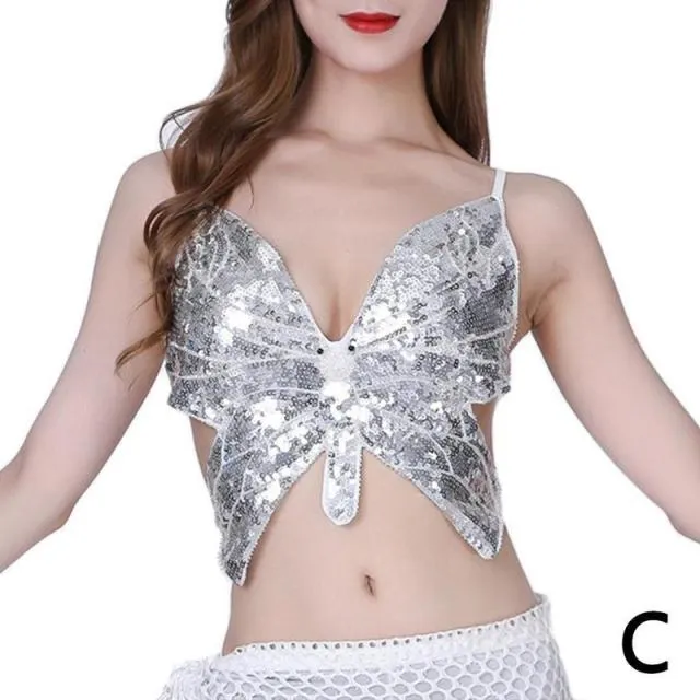 Butterfly Sequin Crop Top Women Summer Backless V Neck Top