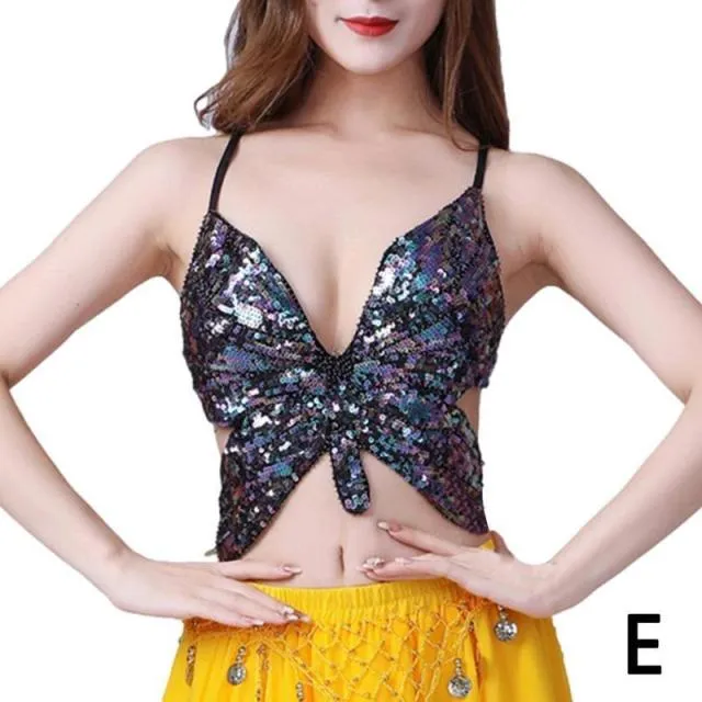 Butterfly Sequin Crop Top Women Summer Backless V Neck Top