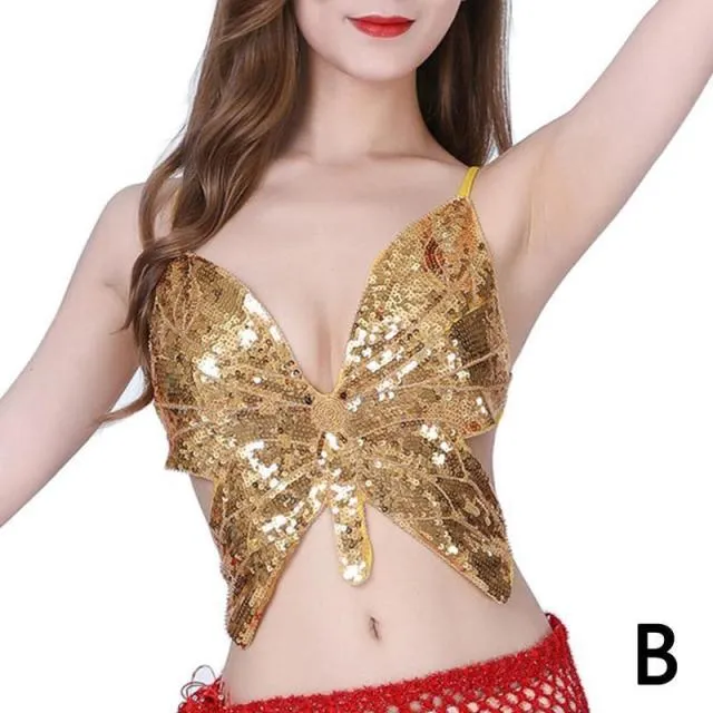 Butterfly Sequin Crop Top Women Summer Backless V Neck Top