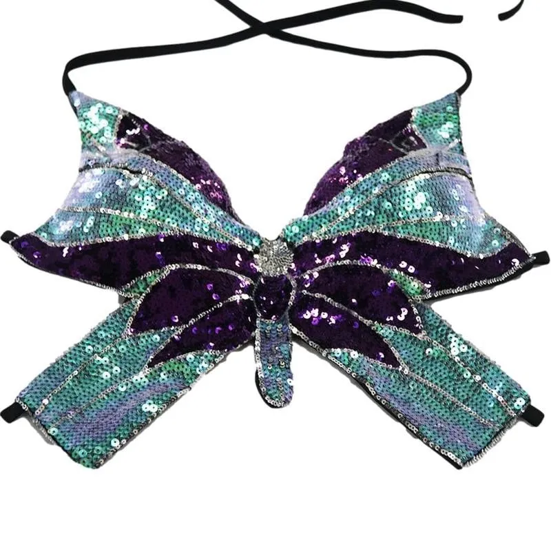 Butterfly Sequin Crop Top Women Summer Backless V Neck Top