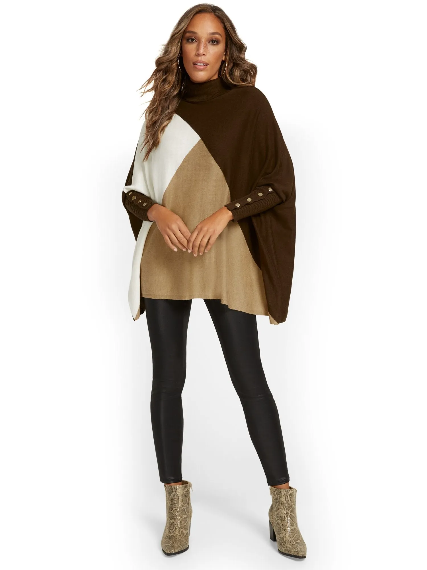 Button-Sleeve Colorblock Turtleneck Poncho