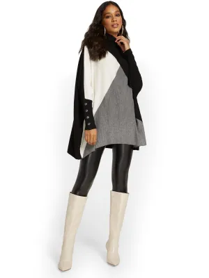 Button-Sleeve Colorblock Turtleneck Poncho