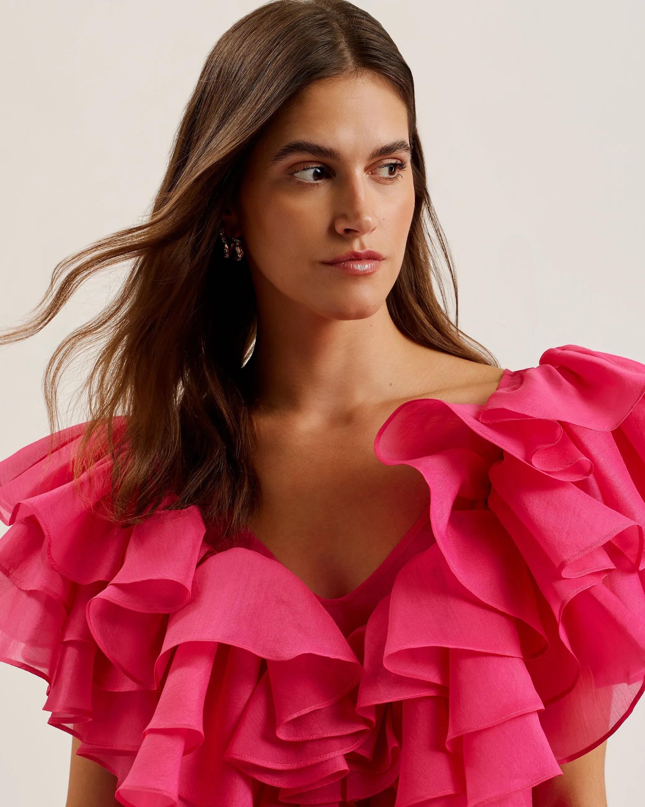 Calonda Oversized Ruffle V Neck Top Fuchsia