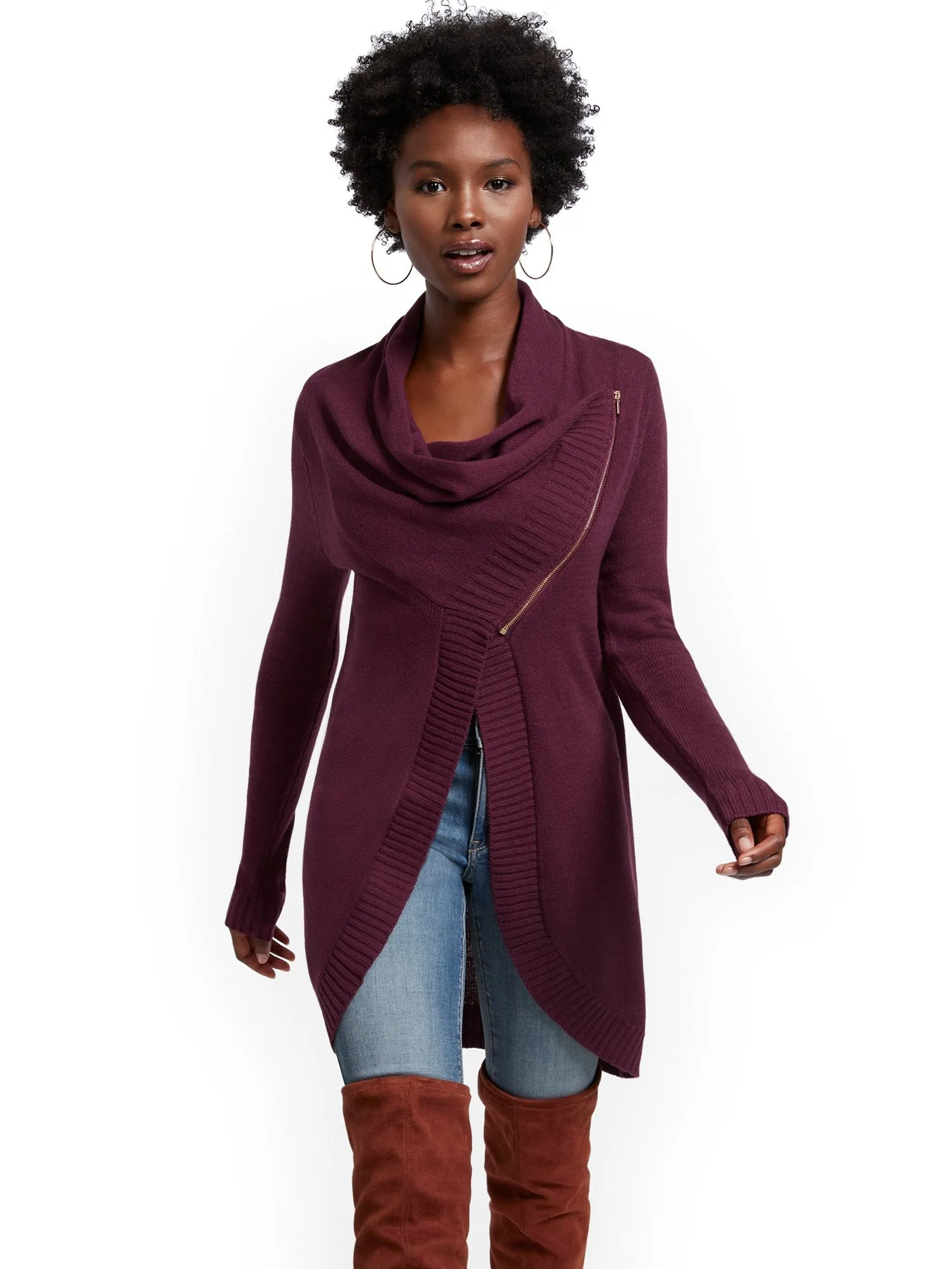 Cowlneck Zip-Front Cardigan