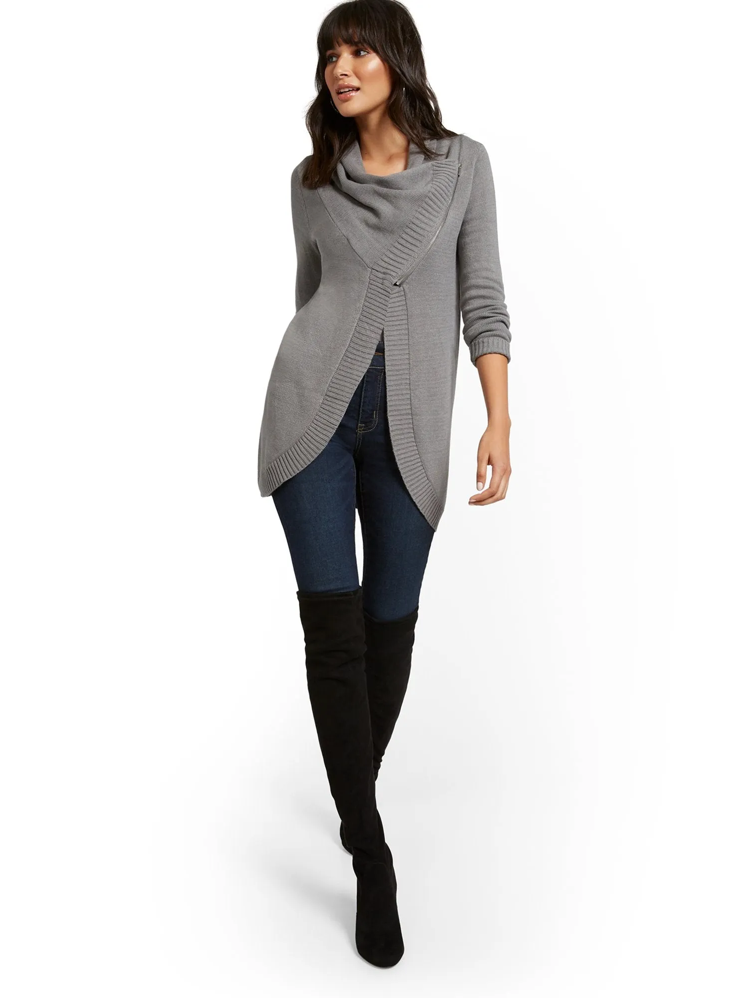 Cowlneck Zip-Front Cardigan