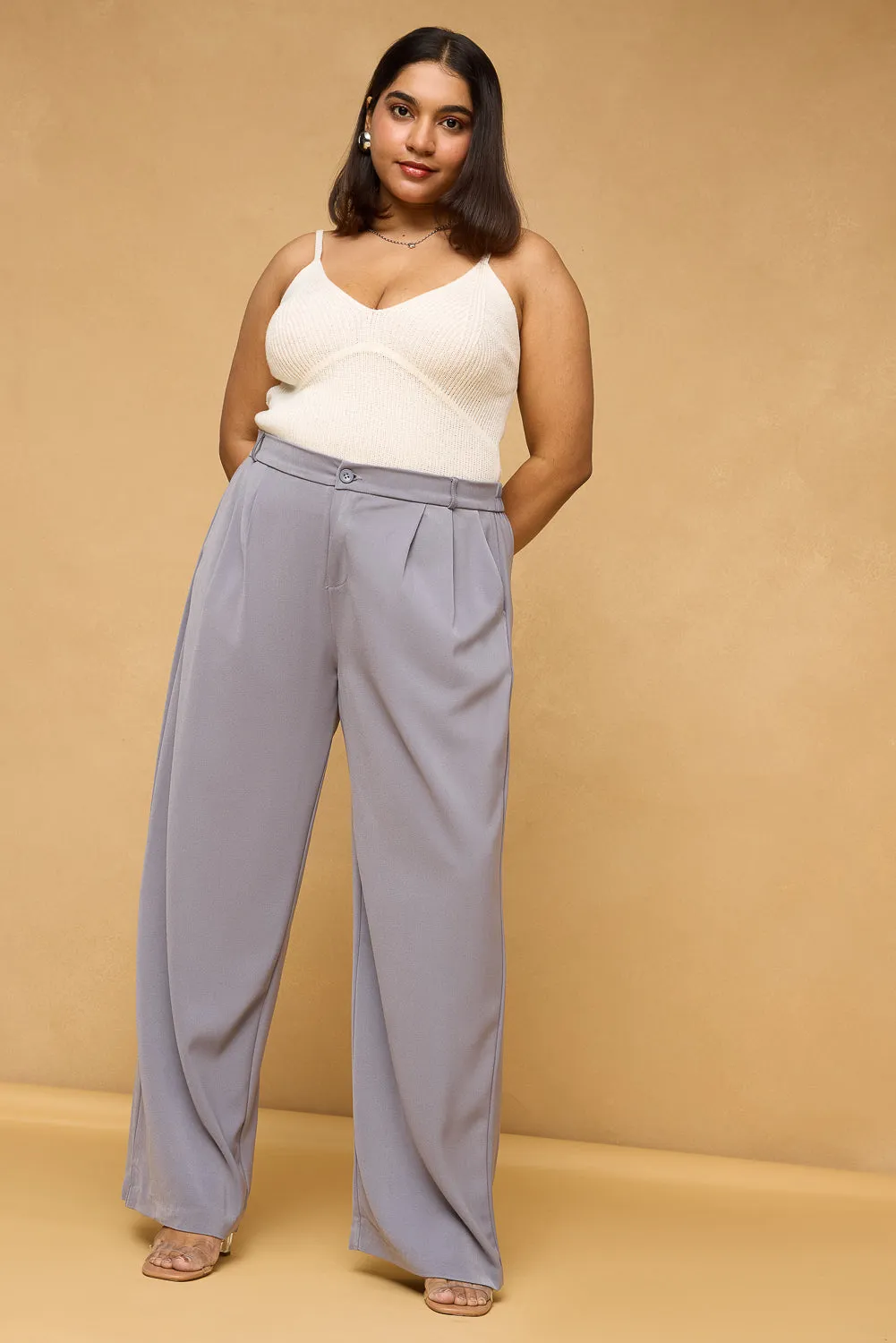 Curve Charcoal Grey Pleated Korean Pants