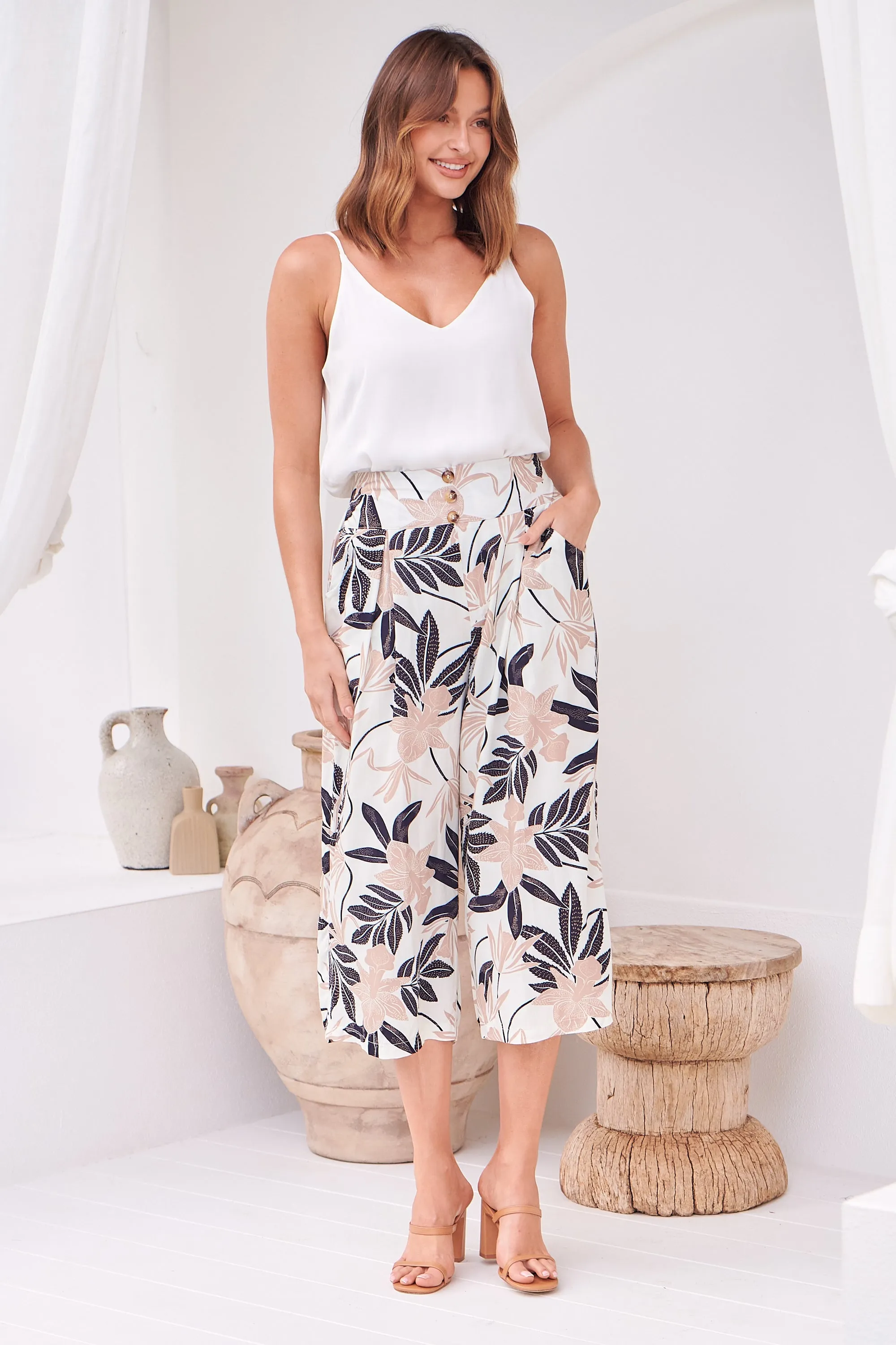 Darcie White/Leaf Print Wide Leg Crop Pant