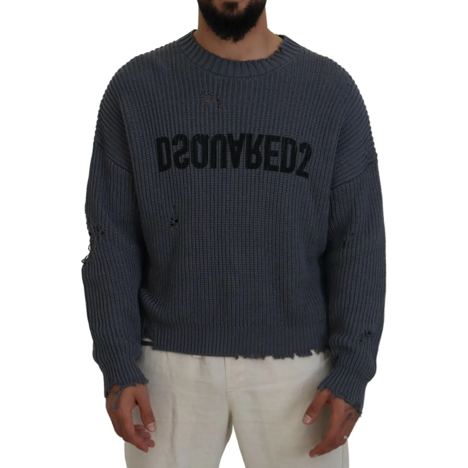 Dsquared² Gray Men Tattered Knitted Pullover Sweater