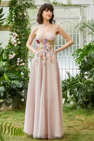 Elegant A Line Strapless Blush Long Wedding Guest Dress with 3D Flowers