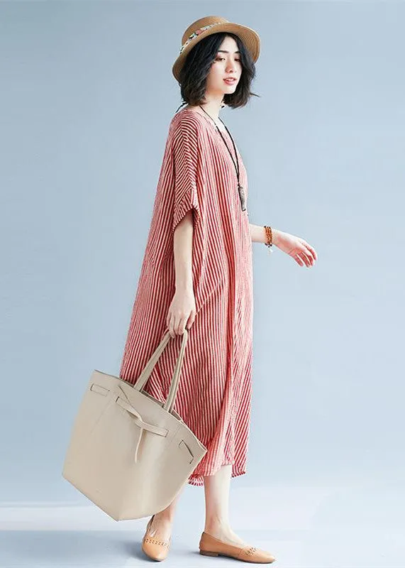 Elegant red linen maxi dress plus size O neck striped linen clothing dresses Fine baggy dresses caftans