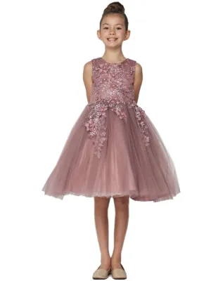 Girls Mauve 3D Floral Appliques Soft Tulle Flower Girl Dress Size 8