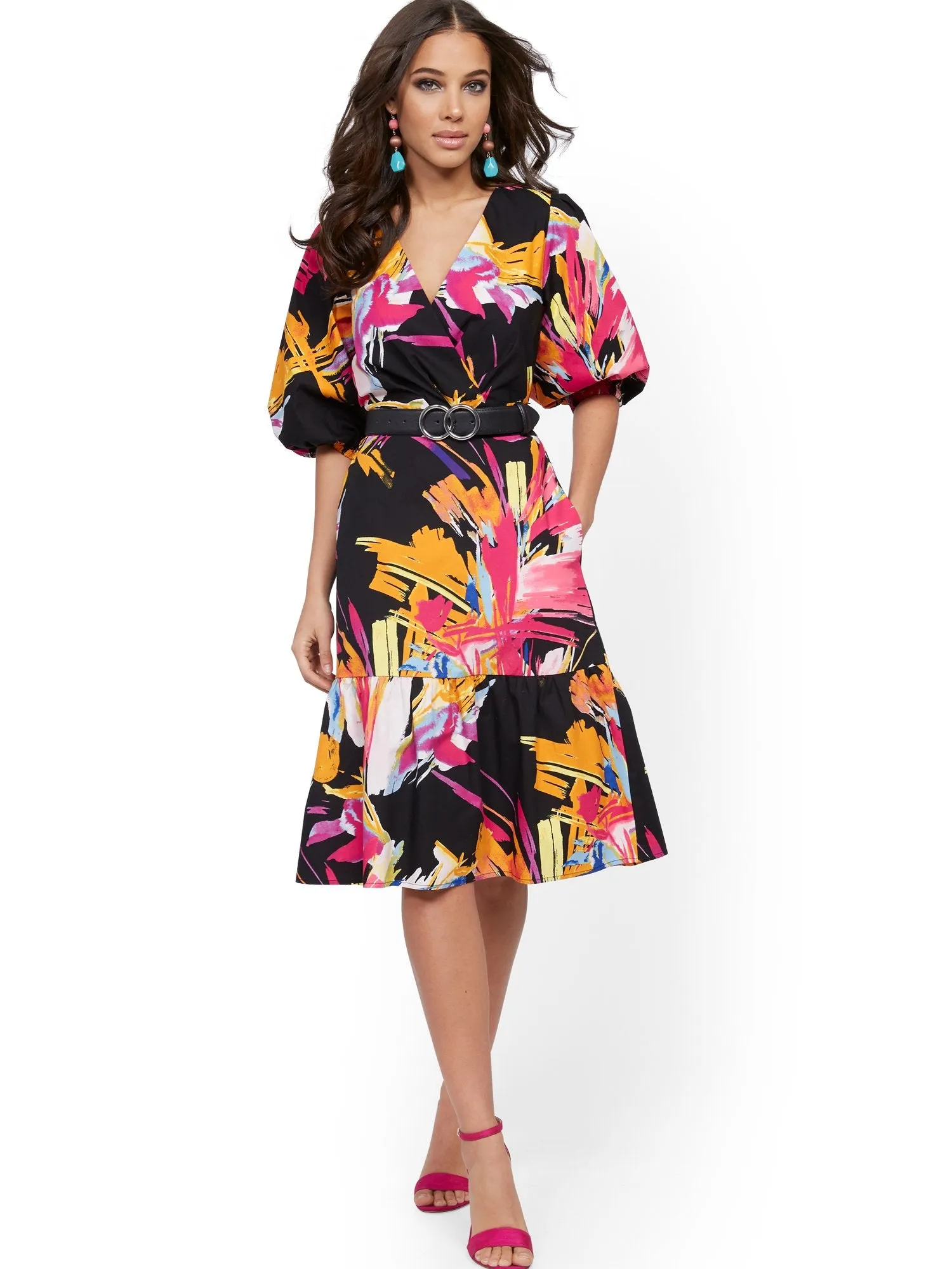 Graphic-Print Poplin Puff-Sleeve Wrap Dress