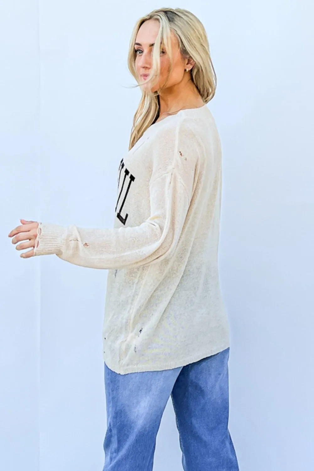 Grateful Long Sleeve Knit Top With Distressing