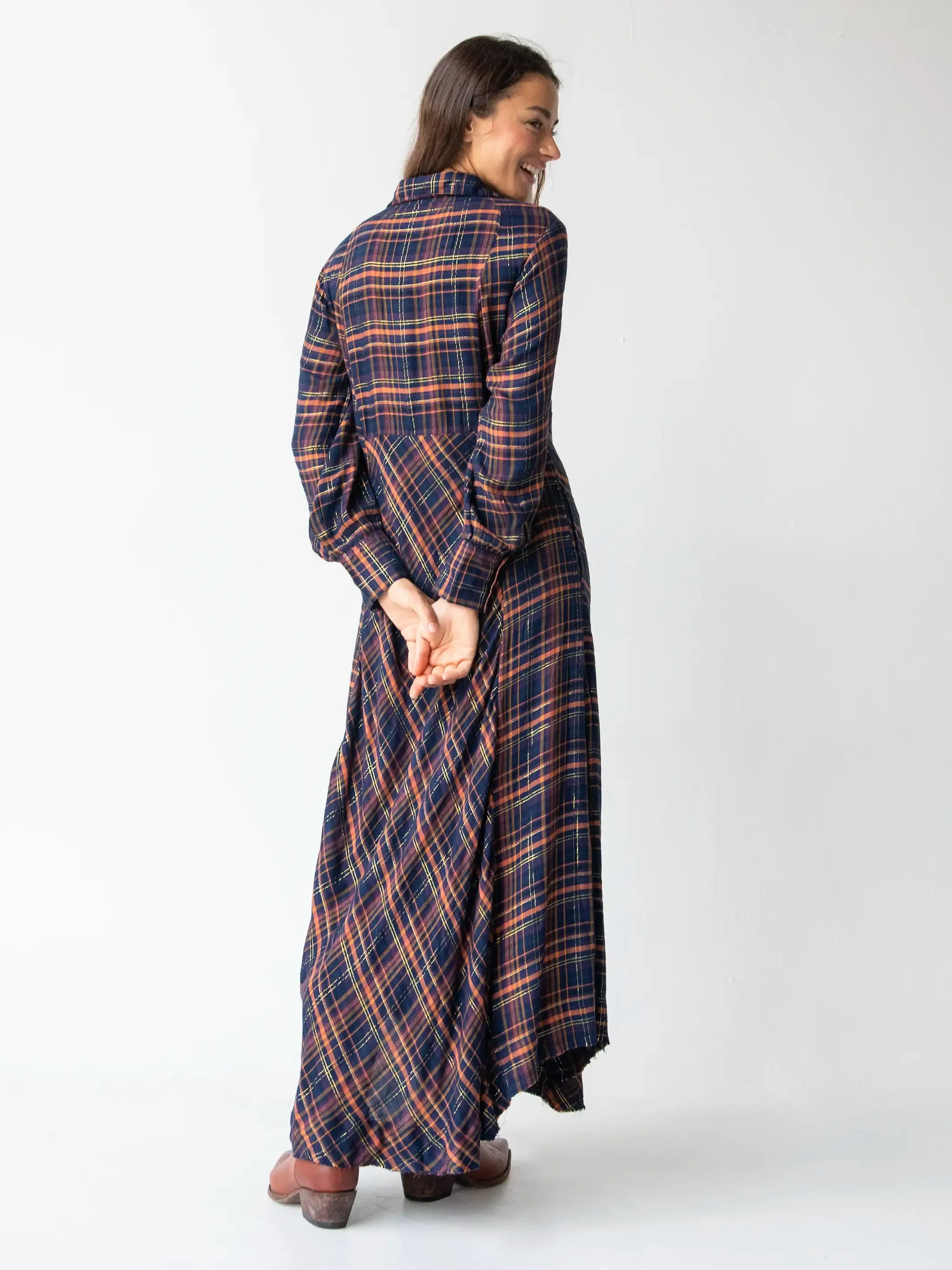 Hailee Maxi Dress - Navy Orange Plaid