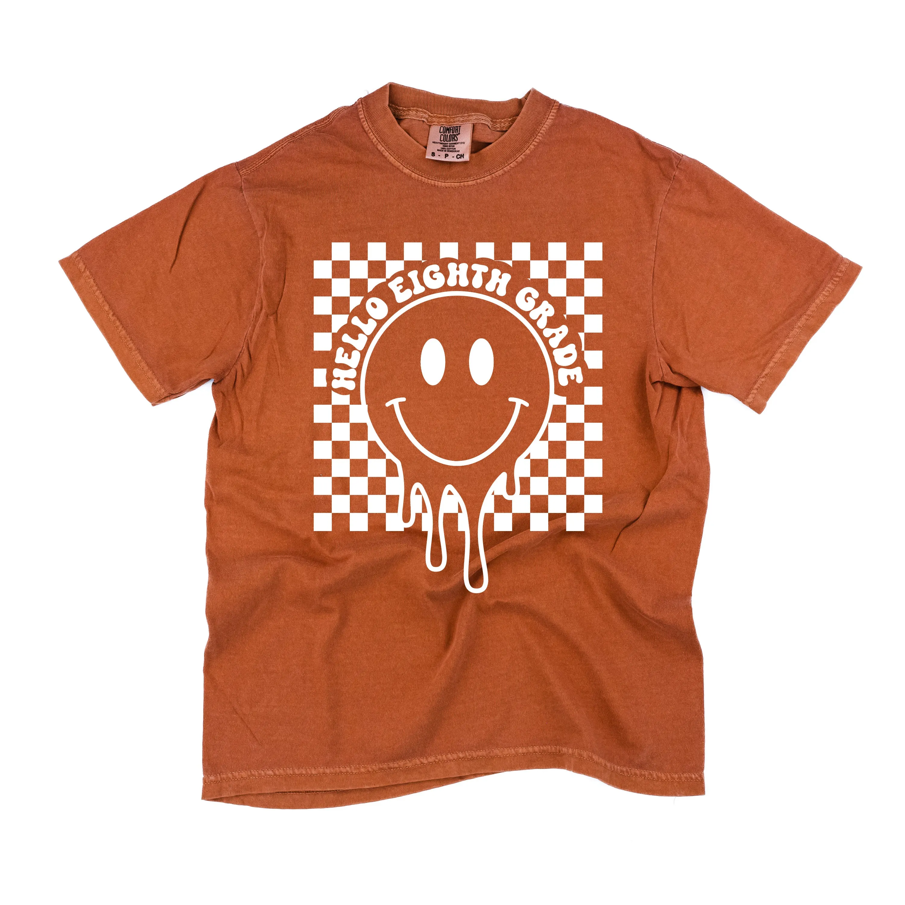 Hello Eighth Grade - Checker Smiley - SHORT SLEEVE COMFORT COLORS TEE