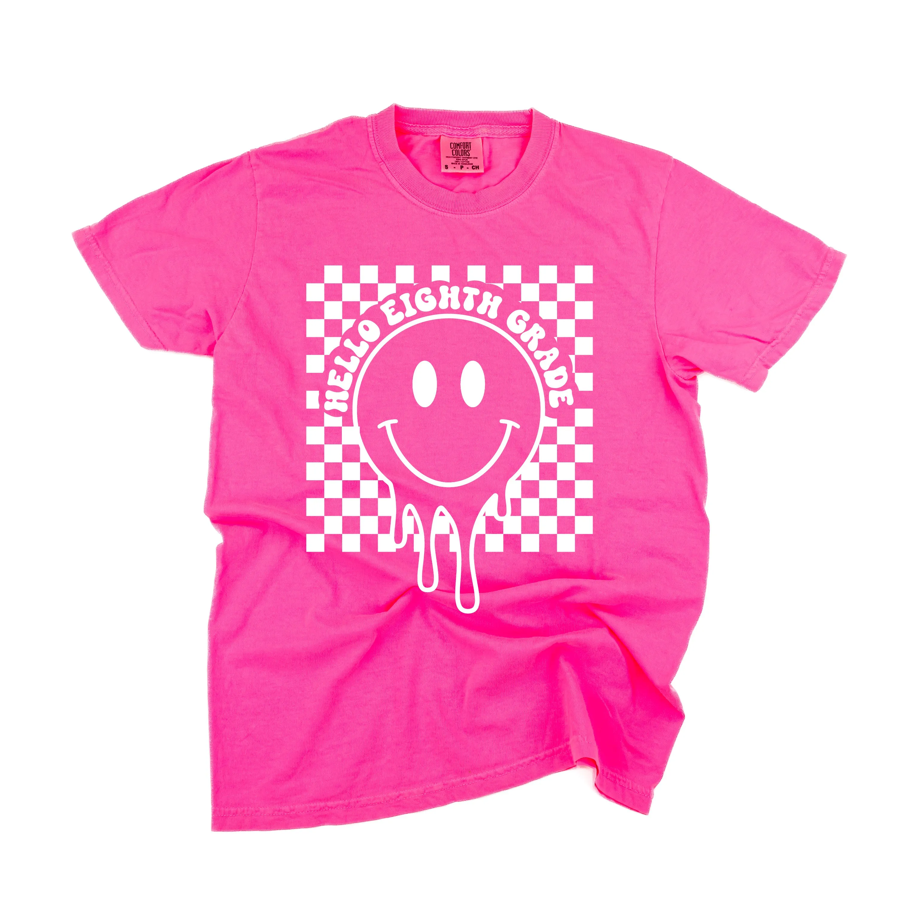 Hello Eighth Grade - Checker Smiley - SHORT SLEEVE COMFORT COLORS TEE