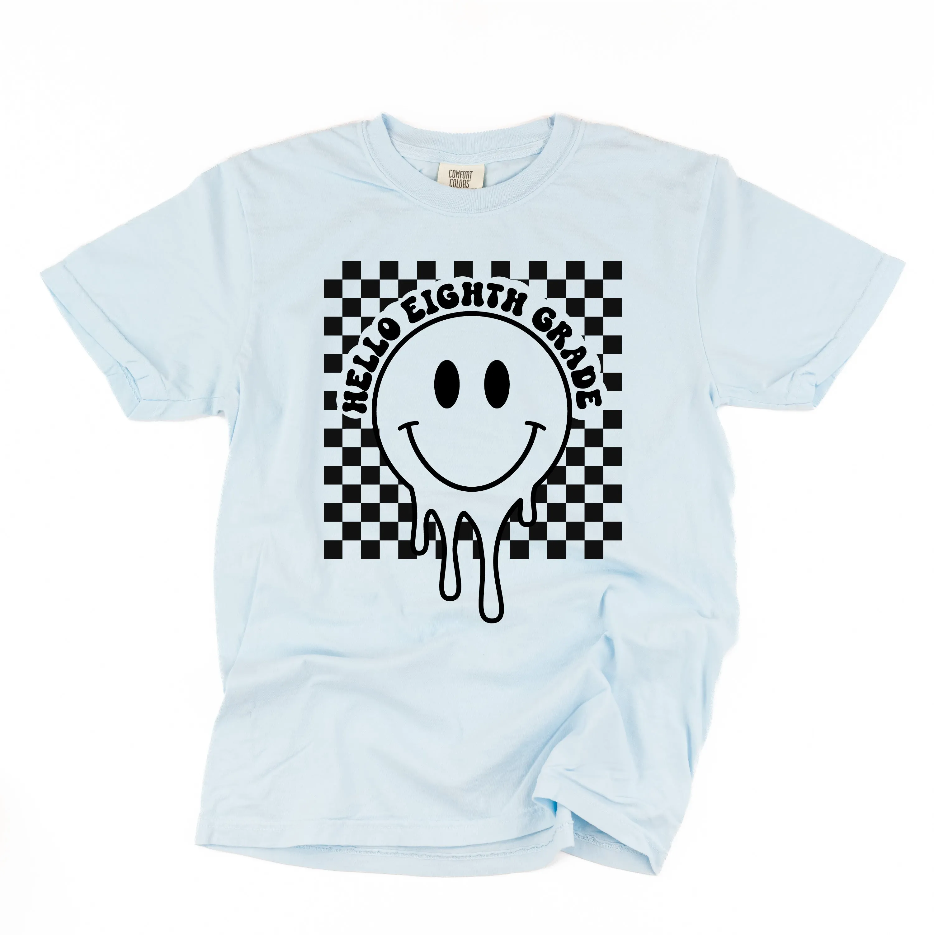 Hello Eighth Grade - Checker Smiley - SHORT SLEEVE COMFORT COLORS TEE