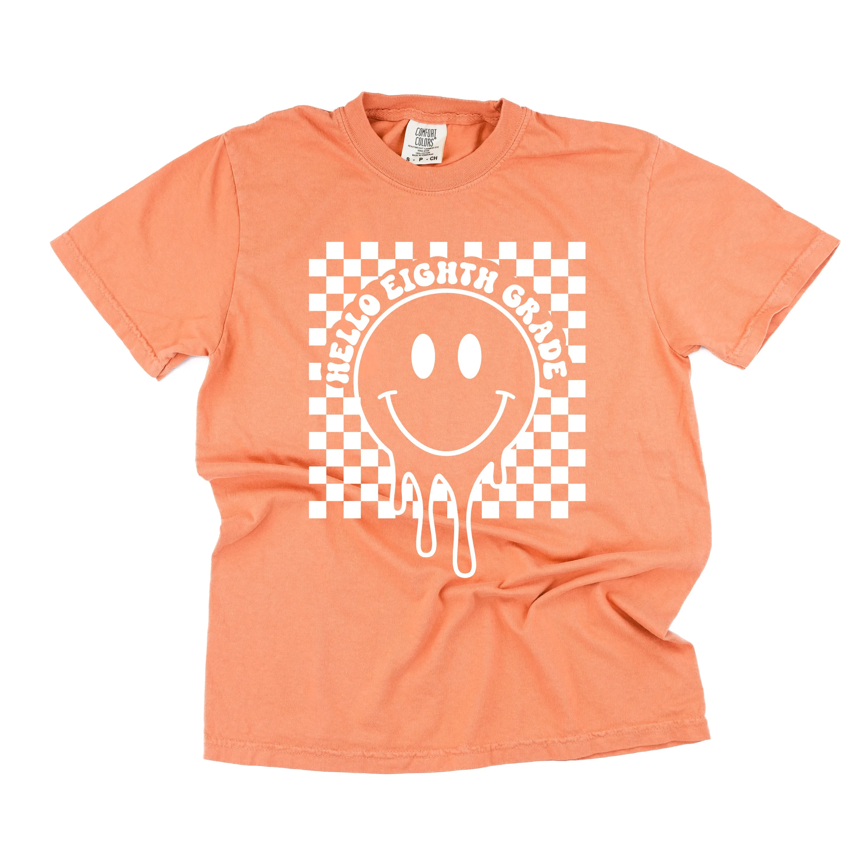 Hello Eighth Grade - Checker Smiley - SHORT SLEEVE COMFORT COLORS TEE