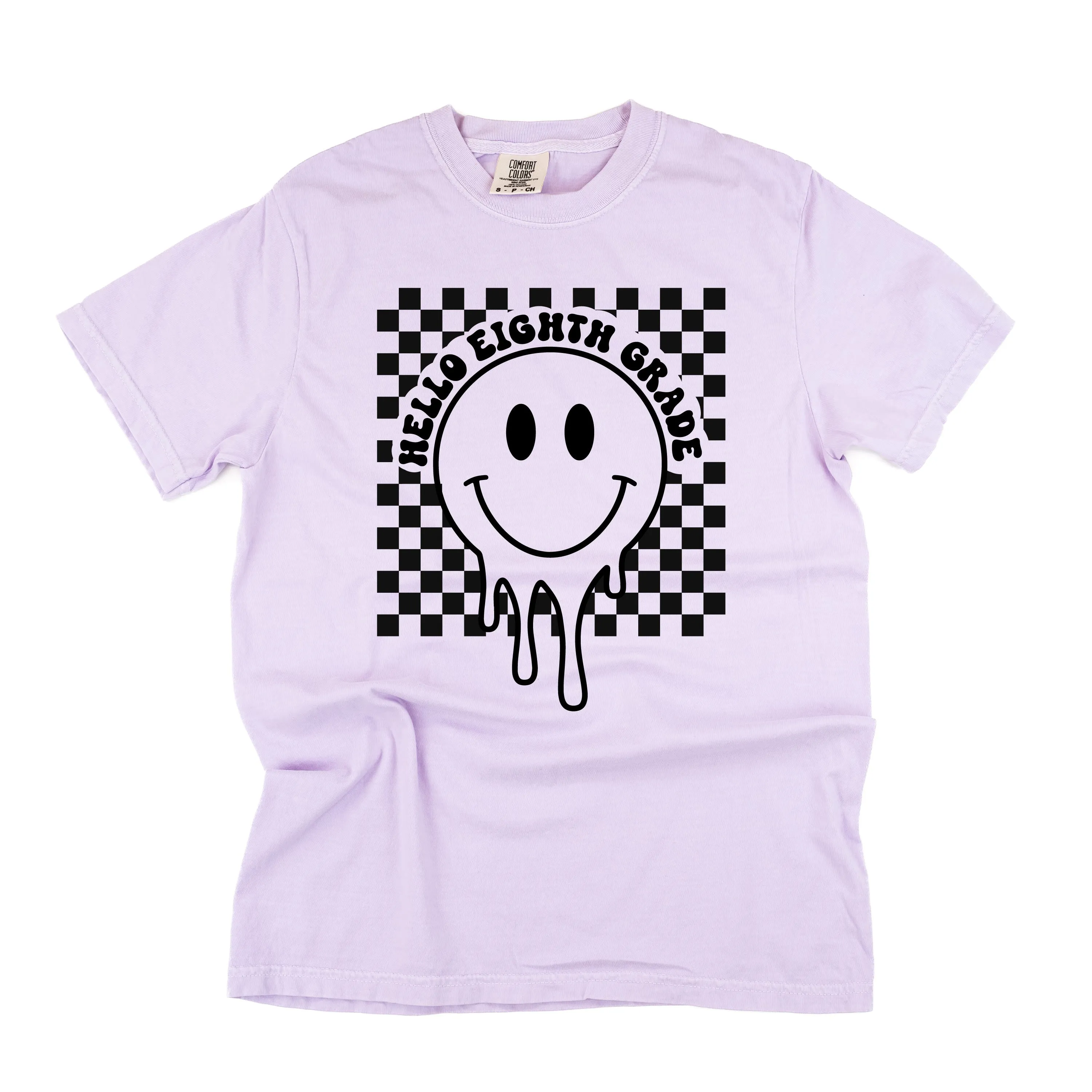 Hello Eighth Grade - Checker Smiley - SHORT SLEEVE COMFORT COLORS TEE