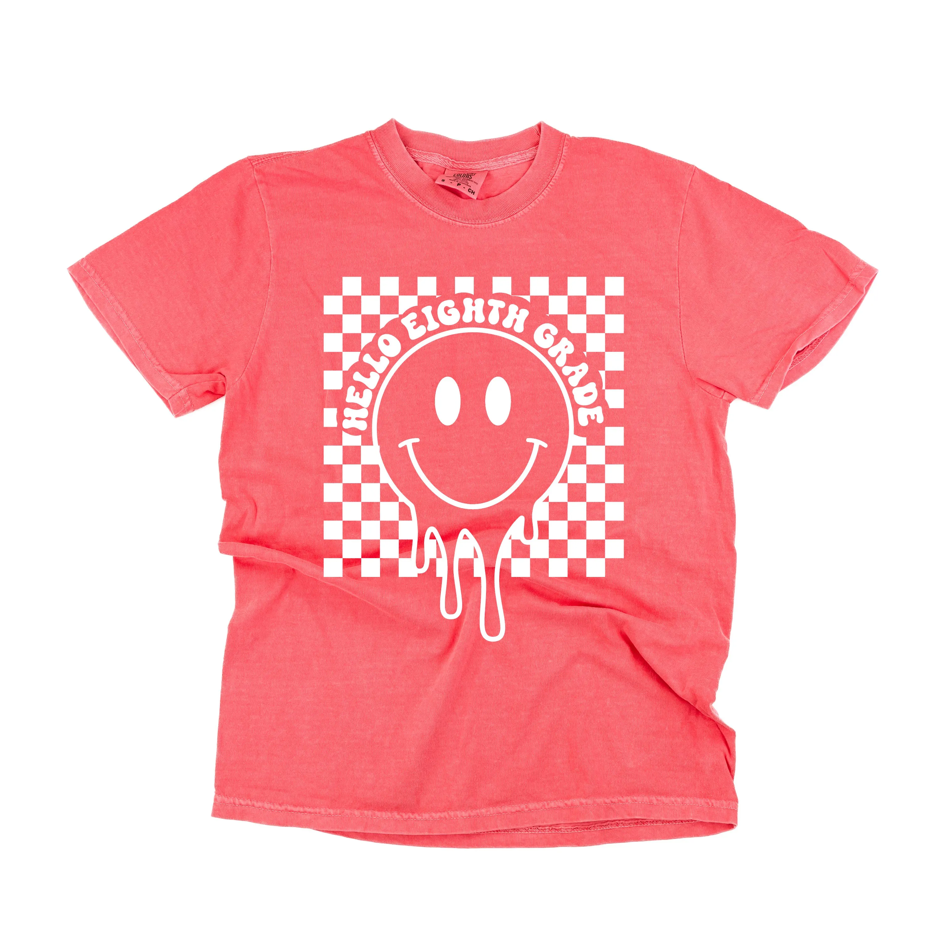 Hello Eighth Grade - Checker Smiley - SHORT SLEEVE COMFORT COLORS TEE