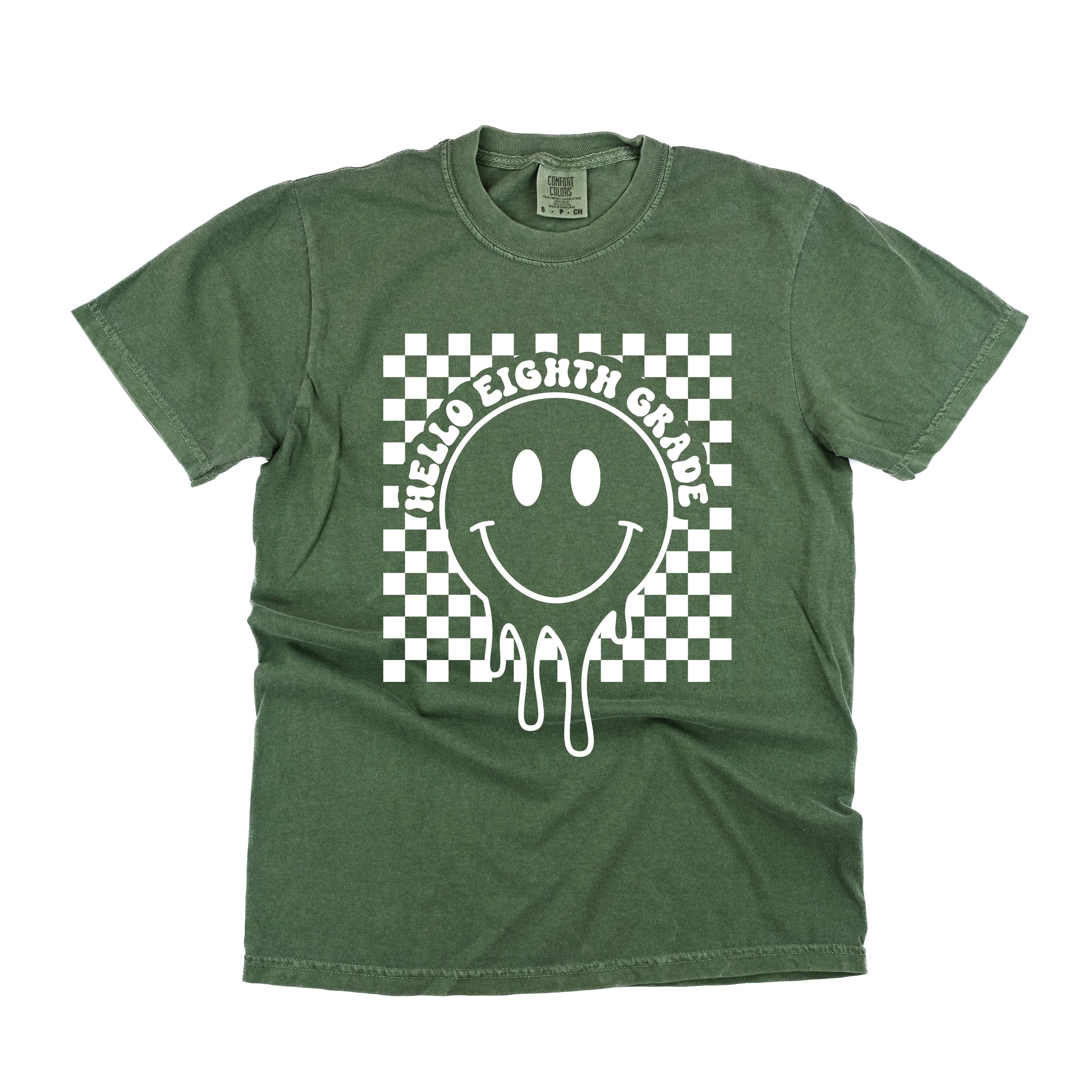 Hello Eighth Grade - Checker Smiley - SHORT SLEEVE COMFORT COLORS TEE