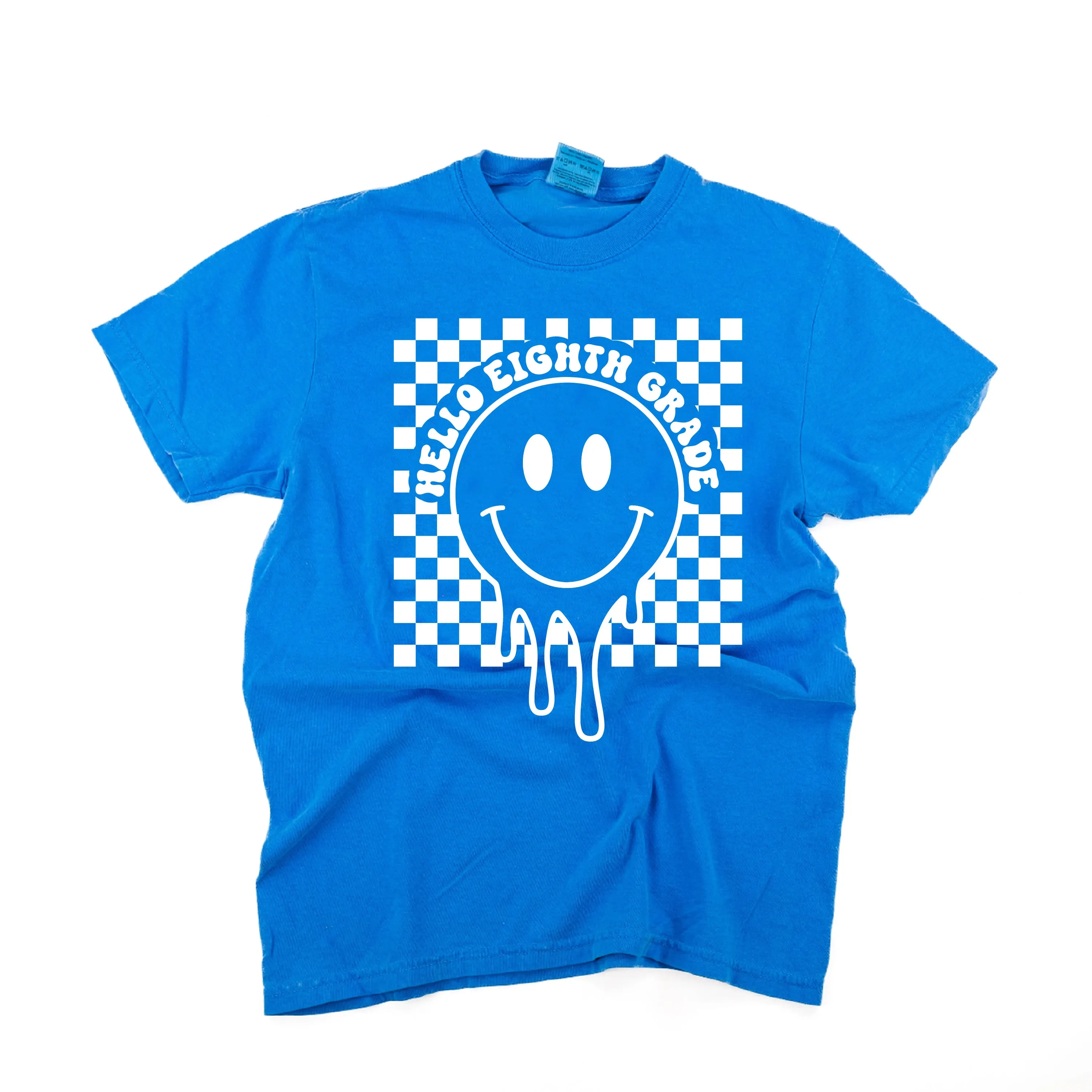 Hello Eighth Grade - Checker Smiley - SHORT SLEEVE COMFORT COLORS TEE